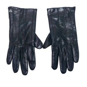 AIGNER Womens M Black Leather Gloves 100% Cashmere Lined Winter‎ Driving Warm
